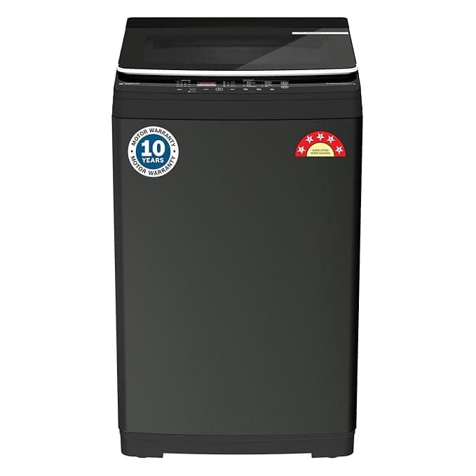 Bosch 8 KG 5 Star Fully Automatic Top Loading Washing Machine,Inbuilt Heater,Glass Lid with chrome finish,Tempered Glass with Soft Closing Lid, Unique display with 10 Button,Vietnam Black,(WOE80EV0IN)