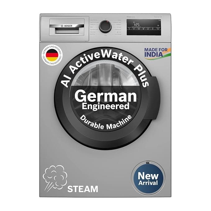 Bosch 7 kg 5 Star Front Load Fully-Automatic Washing Machine, Antibacterial Tech, AI ActiveWater, 15 Wash Programs, 53L Large Drum, SoftCare Paddle, Silver, WAJ24266IN (2026 Model)