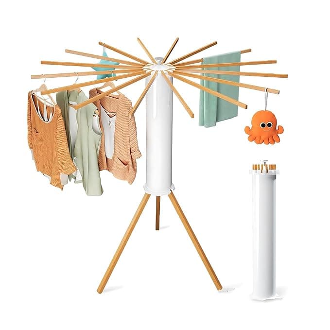 HANG STUDIO Foldable Cloth Dryer Stand Racks Cloth Stands for Drying Clothes Multi Way Folding Rotatable 3.9 Feet Drying Length 16 Drying Heavy Duty Solid Beech Wood Rails, Lightweight (TC21WD70WHA)