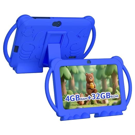 HOTTABLET Kids Tablet 7 inch Android 12, 4GB RAM 32GB ROM, 512GB Expandable, with Parental Control, WiFi, Bluetooth, Dual Camera with Silicone Case, 1PCS(Blue)