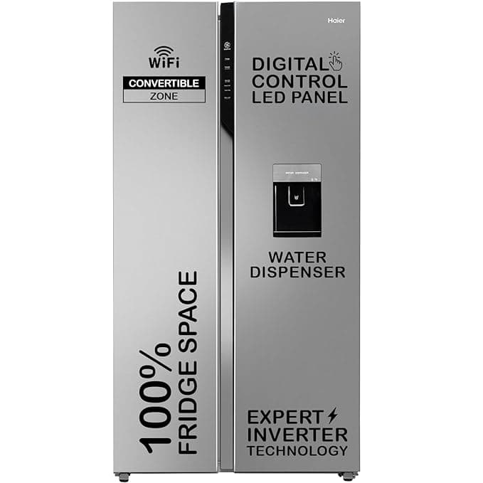 Haier 596 L 3 Star Frost Free Expert Inverter Smart Sense AI enabled 2-Door Side by Side Refrigerator (HRS-682SWDU1, Shiny Silver, Magic Convertible, In-built Water Dispenser