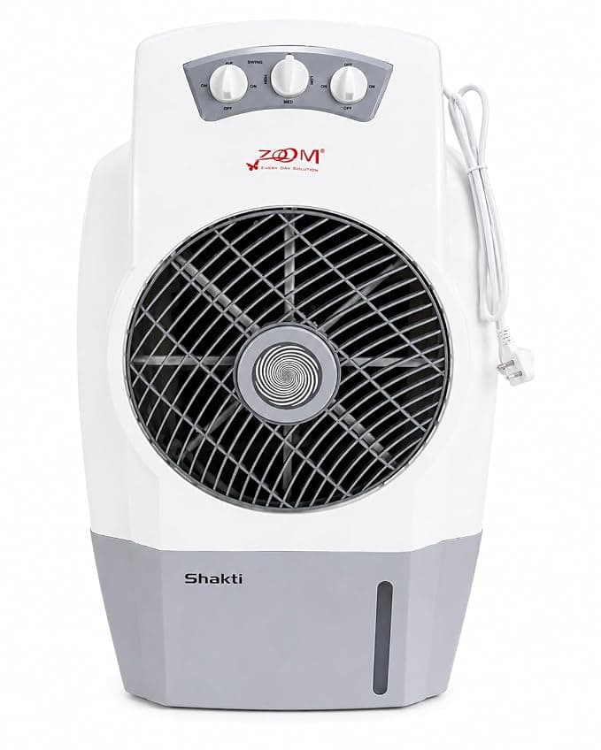 ZOOM Shakti Portable Desert Air Cooler, 3 Speed Control, Knob Controls, Oscillating Louvers, Caster Wheels, for Home & Office (White & Grey, Round)