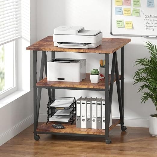 84600 3-Tier Printer Stand, Large Printer Table with Storage, Industrial Printer Storage Cart with Wheels, Rolling Printer Stand for Heat Press Scanner Fax - Black