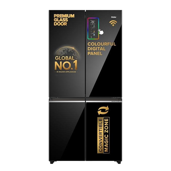 Haier 630L Lumiere French Door 4 Door Side by Side Frost Free Refrigerator|Convertible|Wi-Fi|Inverter|Colourful Display Panel|Motion Sensor|My zone|Sun Lit Interior (HRB-700KGU1, Black Glass)