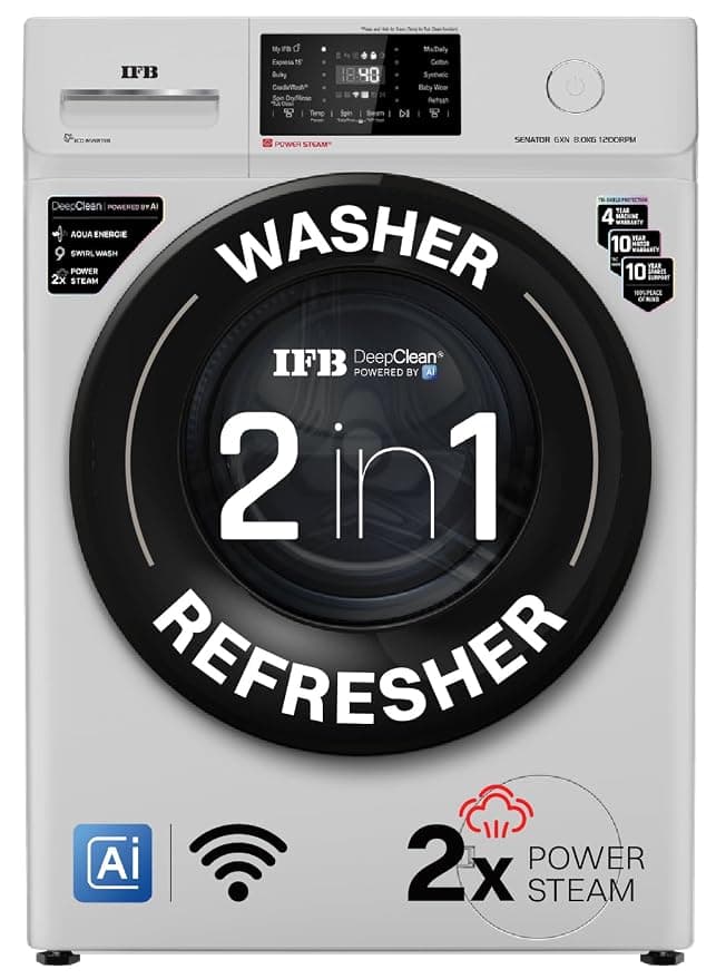 IFB 8 Kg 5 Star, DeepClean® Technology, AI Powered, WiFi, Fully Automatic Front Load Washing Machine (SENATOR GXN 8012 CMS, PowerSteam®, 9 Swirl, Steam Refresh, Inbuilt Heater, Eco Inverter, Grey)