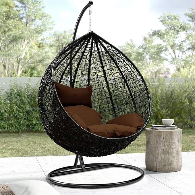 Furniture Single Seater Swing Chair with Stand & Cushion Outdoor Indoor Balcony Garden Patio,Powder Coated Frame,UV Protected Wicker,Premium Cushion NS-17