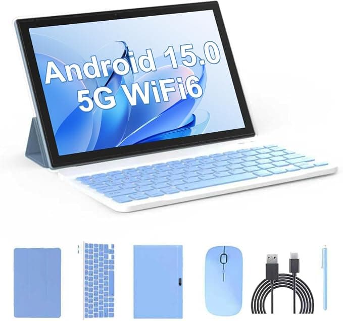 Tablet 2 in 1 Tablets 10 Inch Android 14 Tablet Set with Keyboard Case Mouse Stylus Film 8GB + 64GB Tablets 10.1 Inch Tab 1280 x 800 HD Touch Screen 8MP Dual Camera Games Wi-Fi Bluetooth Tableta PC