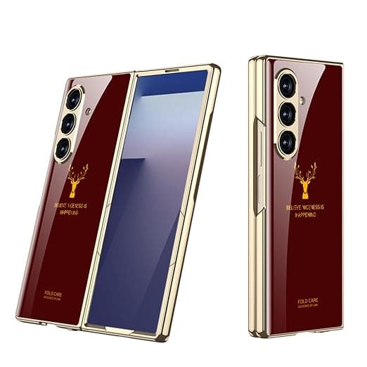 Back Cover for Samsung Galaxy Z Fold 7 Glossy Maroon and Gold Deer