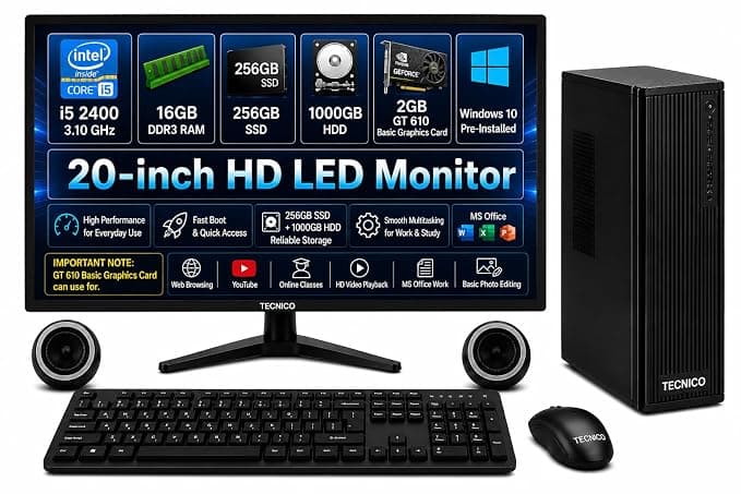 TECNICO Desktop Computer Set with 20-inch HD LED Monitor, i5 2400, 16GB RAM, 256GB SSD + 1000GB HDD, 2GB Graphics Card, Windows 10, MS Office