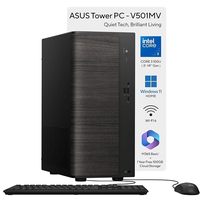 ASUS V501 (2026),Intel Core 3 100U (i3-14th Gen),Intel UHD iGPU, 8GB RAM, 512GB SSD,Windows 11,M365 Basic(1Y)* Office 2024, Black, 6 Kg,V501MV-03100U012WS,with wired Keyboard & Mouse, Desktop Tower PC