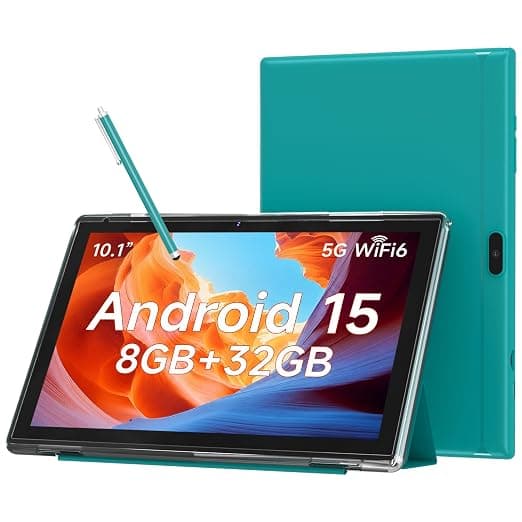 10 Inch Android 15 Tablet, 8GB RAM 32GB Storage Tablets, 10.1" HD IPS Display, 5G WiFi-6, Tablets with 6000mAh Battery, Dual Camera for Video Call, Android Tablet with Case & Stylus Pen for Work/Study