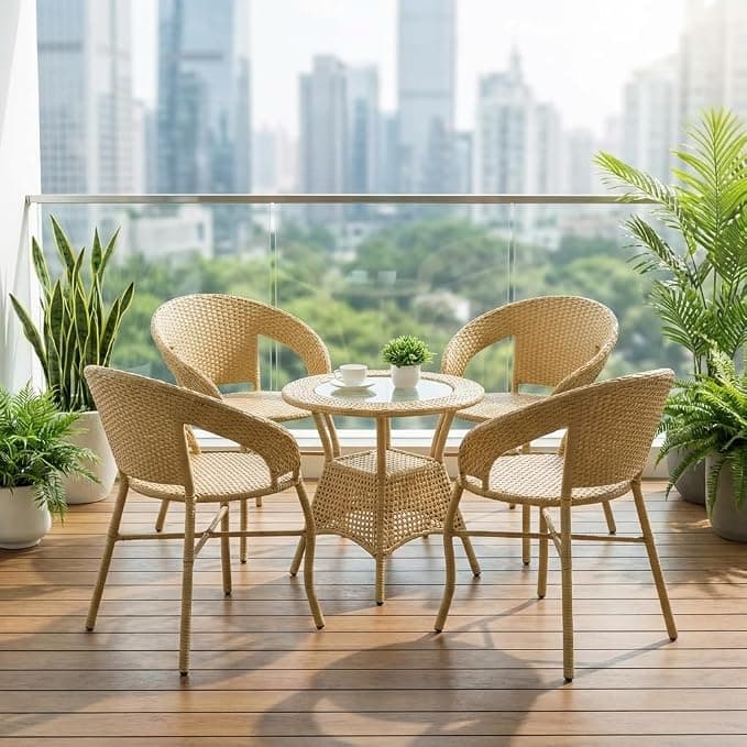 LOCCUS 5-Piece Outdoor Patio Bistro Set, All-Weather Rattan Wicker Furniture with Glass Top Table, Beige ? for Garden, Backyard, Balcony, Poolside & Porch