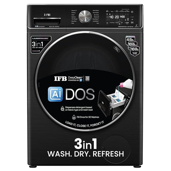 IFB 11/7/3 kg Fully Automatic Washer Dryer Refresher with Steam Refresh, AI DOS, 100% Dry Clothes, 9 Swirl Wash Mimic Handwashing, WiFi & Eco Inverter Motor (WDR Executive Plus ZBG, Black)