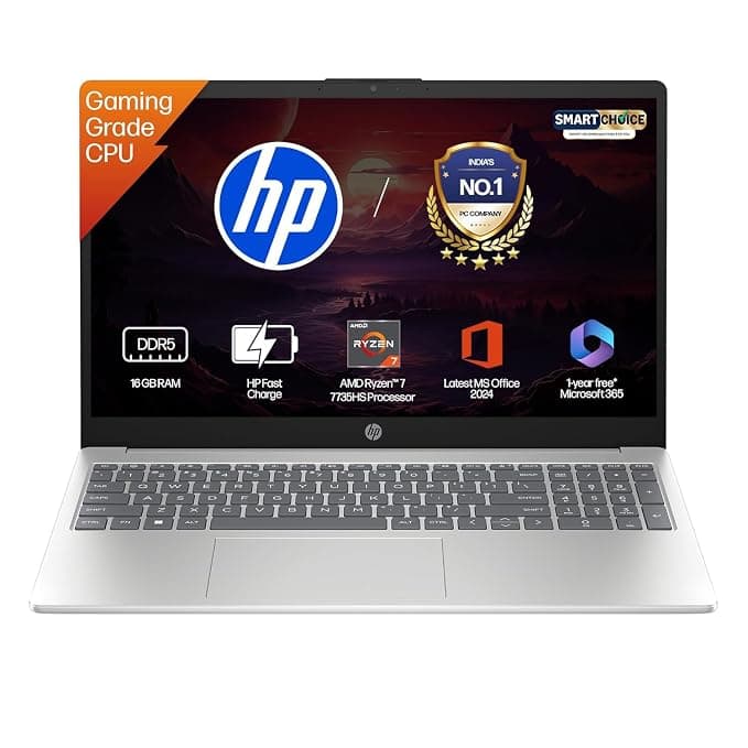 HP 15 Smartchoice, AMD Ryzen 7 7735HS (16GB DDR5,512GB SSD) FHD, Anti-Glare, Micro-Edge, 15.6''/39.6cm, Win11, M365 Basic(1yr)* Office24, Silver, 1.59kg, fc1038AU, FHD Camera w/Shutter, Backlit Laptop