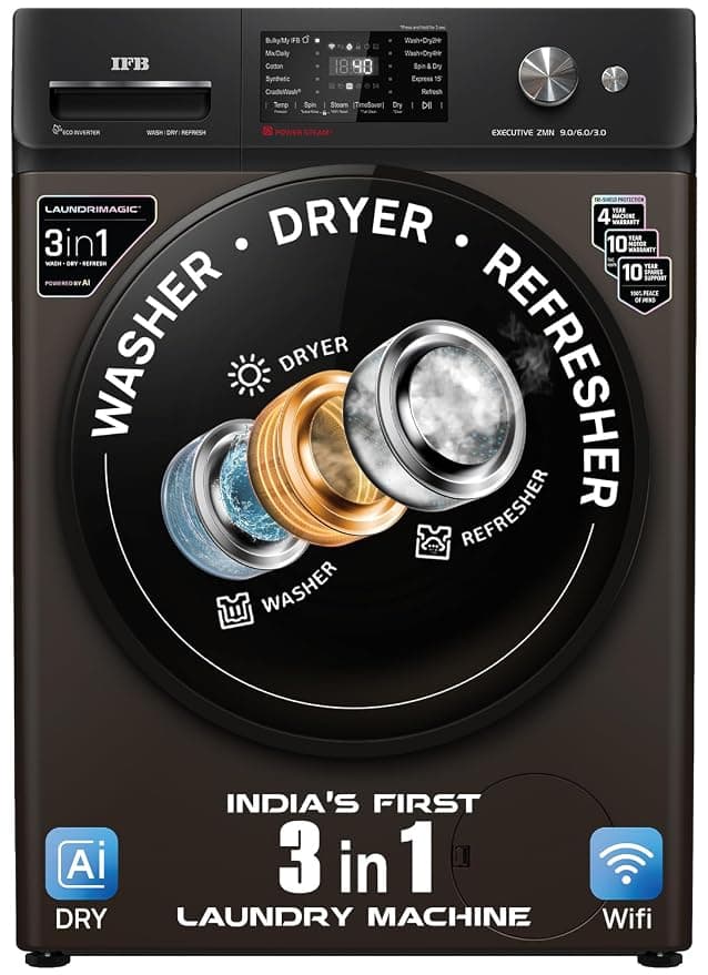 IFB 9/6/3 kg Fully Automatic Washer Dryer Refresher with Steam Refresh, AI Powered, 100% Dry Clothes, 9 Swirl Wash Mimic Handwashing, WiFi & Eco Inverter Motor (WDR Executive ZMN CMS, Mocha)