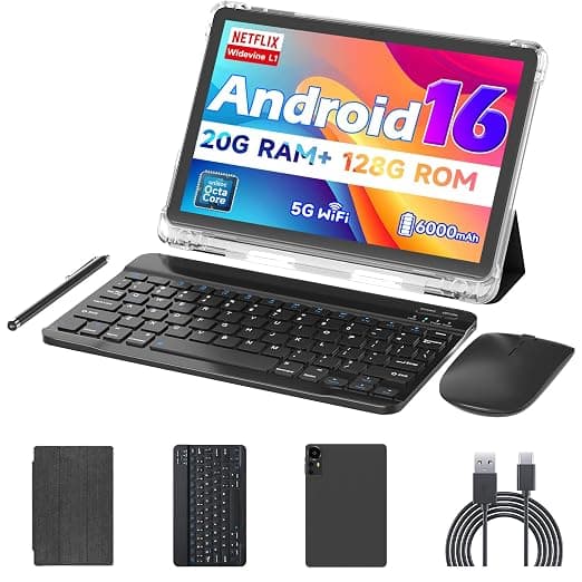 Android 16 10 inch Tablets, 20GB RAM 128GB ROM 2TB Expandable, 2GHz Octa-core Processor, 2 in 1 Tablet with Stylus Mouse Keyboard Case, 5G WiFi6, BT 5.0, 6000mAh, Widevine L1, GMS