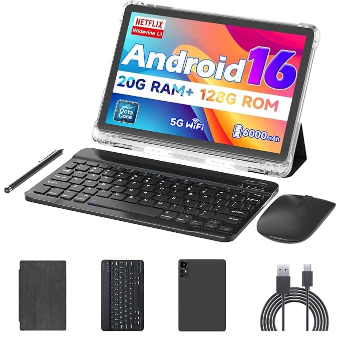 Android 16 10 inch Tablets, 20GB RAM 128GB ROM 2TB Expandable, 2GHz Octa-core Processor, 2 in 1 Tablet with Stylus Mouse Keyboard Case, 5G WiFi6, BT 5.0, 6000mAh, Widevine L1, GMS