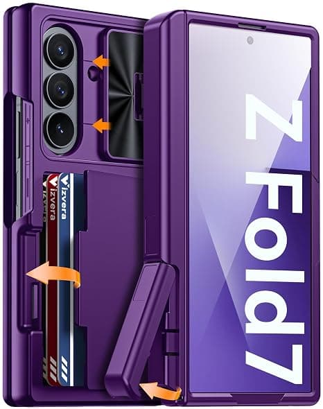 Vizvera for Samsung Galaxy Z Fold 7 Case RFID Wallet with Cards Holder[Kickstand][Camera Cover] Shockproof Silicone Protective Phone Case for Z Fold 7 2025-Purple