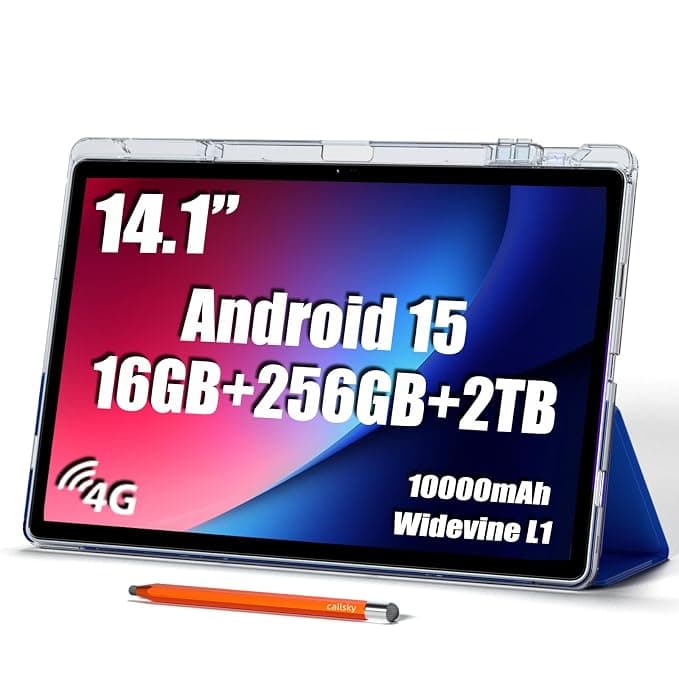 14" Big Screen Tablet, Android 15 Tablet 16GB RAM 256GB ROM, 1920*1200 IPS FHD Display, Widevine L1, 1000mAh 18W Charging, Wi-Fi and Bluetooth, 4G LTE, Stand Case and Stylus, 2 Year Protection