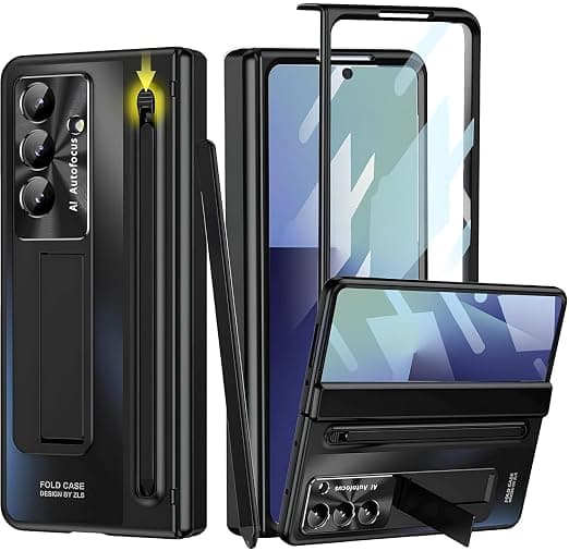 Hybrid Front & Back Protective Case for Samsung Galaxy Z Fold 7 Case with Built-in Camera Stylus Pen, Kick-Stand, Hinge & Screen Protector Cover for Galaxy Fold7 (Black)