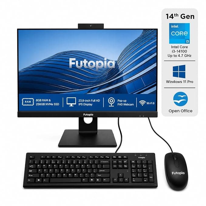 FUTOPIA 23.8" FHD IPS All-in-One Desktop | Intel Core i3-14100 (Up to 4.7 GHz) | 8GB RAM | 256GB NVMe SSD | Pop-up FHD Webcam | Wi-Fi 6 | Windows 11 Pro with Office | Wired Keyboard & Mouse Included