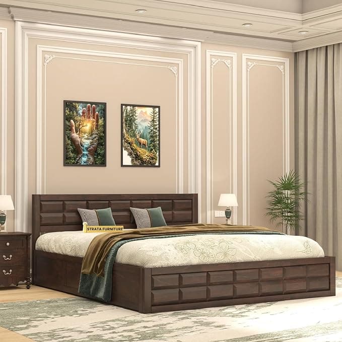 STRATA FURNITURE Sheesham Wood King Size Bed with Box Storage | Wooden Double Bed Cot Palang Furniture for Bedroom Living Room and Home (Walnut Finish)