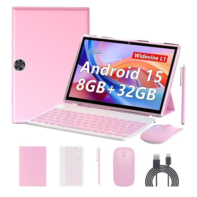 BYANDBY Andriod 15 10" Tablets, 2 in 1 Tablet, Quad-Core Processor, 32GB + 8GB + 1TB Expandable, 5G Wi-Fi 6, BT, Dual Camera, IPS Touchscreen, Gaming, GMS Certified