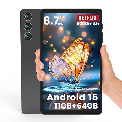 8.7 Inch Android 15 Tablet, 11GB RAM + 64GB Storage, GPS, Widevine L1, 800×1340 IPS HD In-Cell Touchscreen, 361g Compact Tablet, 5000mAh Battery, Dual-Band 2.4/5GHz Wi-Fi, GMS, Expandable up to 2TB