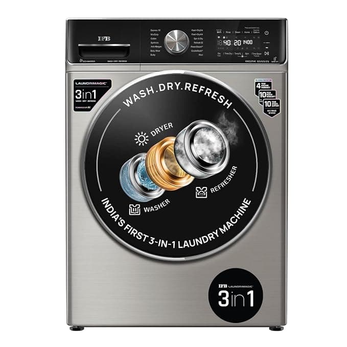 IFB 8.5 Kg / 6.5 Kg / 2.5 Kg Front Load 5 Star 3-In-1, AI Powered, Fully Automatic Washer Dryer Refresh (2023 Model, Laundrimagic, EXECUTIVE ZXV, 9 Swirl Wash, Eco Inverter Technology, Silver)