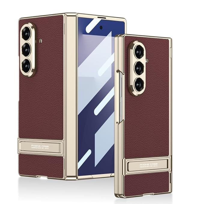 Midkart Magnetic Case Compatible with Samsung Galaxy Z Fold 7 Release 2025 Hinge Protection Leather Cover with Stand Electroplated Camera Protection, Burgundy & Gold