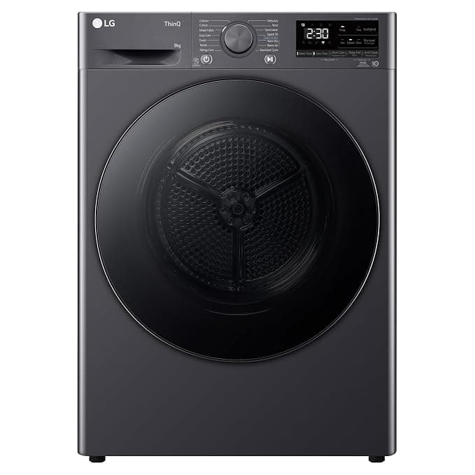 LG 9 Kg, Wi-Fi, Dual Inverter Heat Pump, Eco-Hybrid Technology Fully Automatic Front Load Dryer (DHV09SAM, Double Layer Air Filter, Allergy Care, Auto Cleaning Condenser, Middle Black)