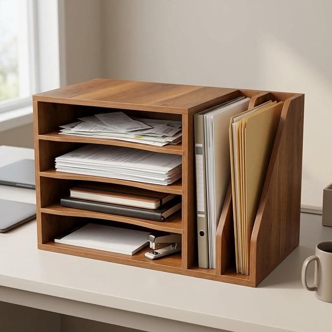 Home Sparkle Wooden Desktop File Organizer with 4-Tier Paper Tray & 2 Vertical File Holders | Office Desk Document Organizer for A4 Files, Folders, Books & Stationery | Engineered Wood, Walnut Finish
