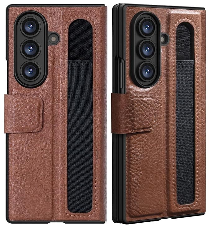 Compatible with Samsung Galaxy Z Fold 7 Case, [PU Leather+PC] Foldable Supports Wireless Charging [Hidden Kickstand] 360° Protection Case with Soft Microfiber Lining & Internal Card Slot-Brown