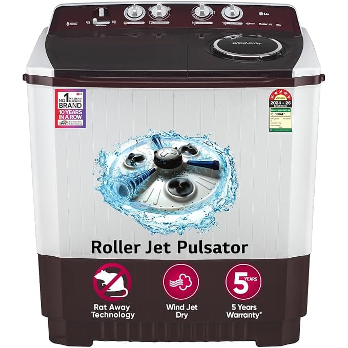LG 10.5 kg, 5 Star, Roller Jet Pulsator with Soak, Wind Jet Dry Technology, Semi-Automatic Top Load Washing Machine (P105ASRAZ, Burgundy, Rat Away & Smart Filter)