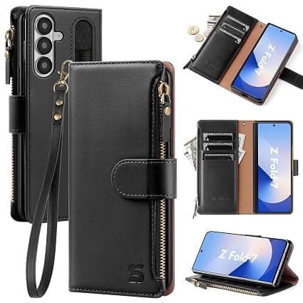 Shieldtop Compatible with Samsung Galaxy Z Fold7 5G Wallet Case with S Pen Holder,Fold 7 Phone Case Women Men RFID Blocking PU Leather Flip Protective Cover Wrist Strap Credit Card Slots,Black