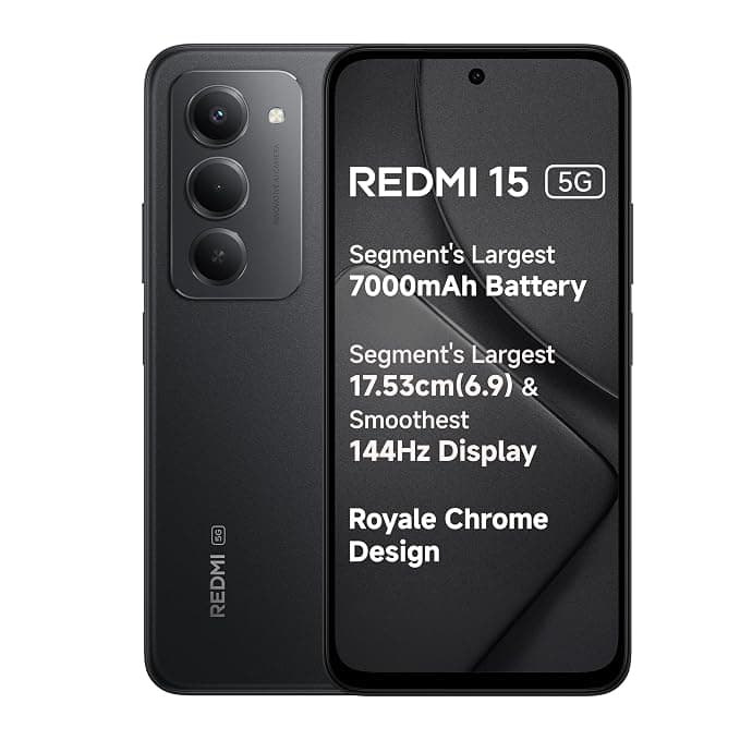 Redmi 15 5G Midnight Black 8GB + 128GB | Segment's Largest 7000mAhA Battery | Segment's Largest Display 17.53cm(6.9) Up to 144Hz | Snapdragon 6s Gen 3 | 18W Reverse Charging | 50MP AI Dual Camera