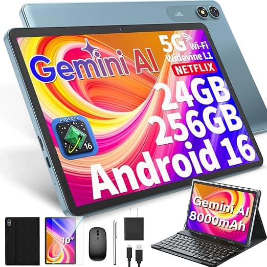 Android 16 Tablet 10 inch 2026 New, Octa-Core, 24GB+256GB (Max 2TB Expand), GMS Certified 5G WiFi GPS 8000mAh, Keyboard and Mouse Case Full Set, Black