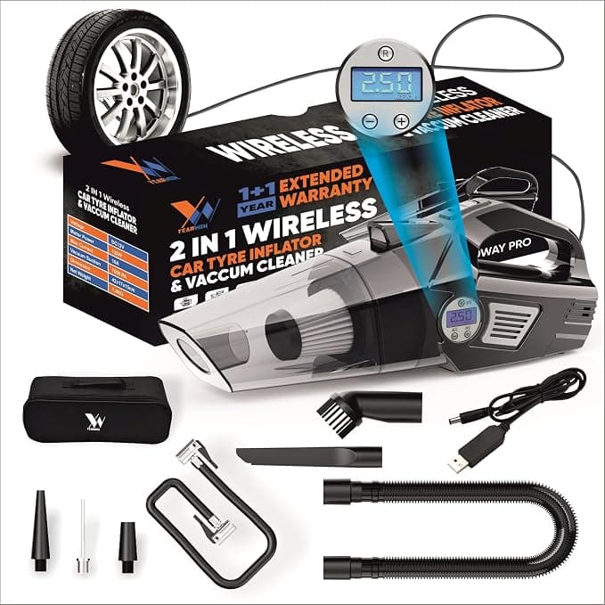 4 in1 Wireless Car Vacuum Cleaner with Tyre Inflator High Power 7000PA Handheld Car Vacuum LED Light, for Wet/Dry Use, Black (‎TWOWAY PRO)