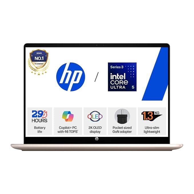 HP OmniBook 5 OLED ● Intel Core Ultra 5 322 ● 45 TOPS● (16GB LPDDR5x,512GB SSD) ●2K 14''/35.6cm ● Win11 ● Office24 ● Sahara Silver●1.3kg ●hh0099TU ●mini GaN Charger● Upto 29hrs battery life ●AI Laptop
