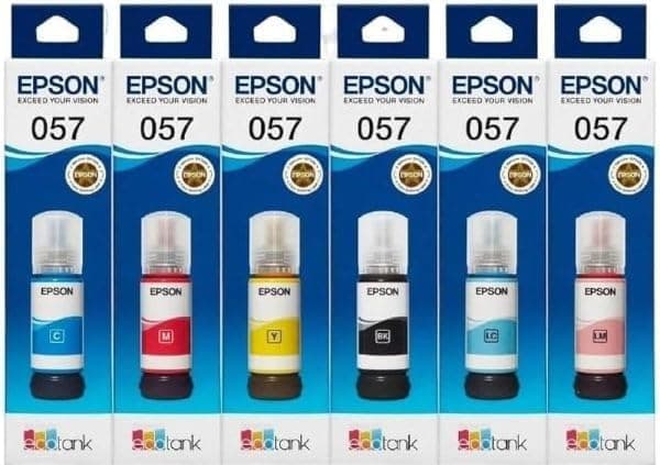 057 Ink Original Black, Cyan, Yellow, Magenta, Light Cyan, Light Magenta Ink Bottles - Compatible with Epson Printer L8050, L18050, L8100, L18150W Models
