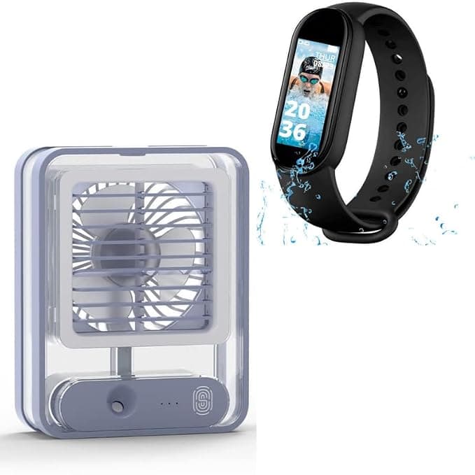 DRUMSTONE (Chaturthi Special Combo) Air Mist Cooler & M10 Smart Band | Rechargeable Portable Mini AC Cooler & Smartband with Sleep Monitoring – Perfect for Home-5 Years 𝐰𝐚𝐫𝐫𝐚𝐧𝐭𝐲
