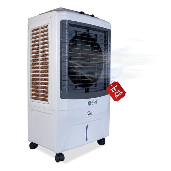 HAVAI 4 Way Personal Plus Cooler | 17-Inch Fan Blade | High Thrust Energy | 500 Sq. Ft Area Coverage | 25-Foot Air Throw | 80 Litre Tank | Three-Side Honeycomb Pads | 1-Year Warranty | Sleek Design
