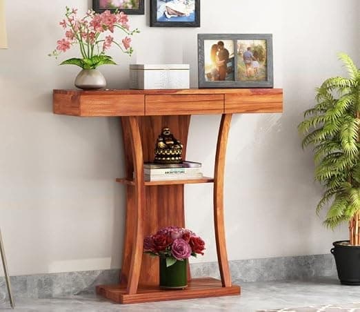 Solid Sheesham Wood Console Table for Living Room | Entryway & Foyer Table with Drawer & Shelf Storage | Wooden Hallway/Entrance Table for Home | Honey Finish | 34 x 12 x 34 Inch