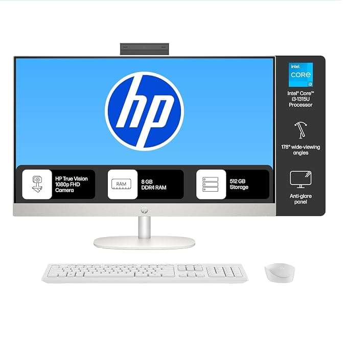 HP AIO, 13th Gen Intel Core i3-1315U,(8GB DDR4,512GB SSD) 300 nits, Anti-Glare, 23.8inch(60.5cm) FHD, Win11, M365, Office24, Shell White, 5.27kg, FHD IR Camera w/Privacy Shutter, 24-cr0901in/cr0905in