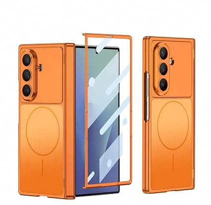 Magnetic Protective Case Compatible with Samsung Galaxy Z Fold 7, Fold 6, Built-in Front Frame, Slim Shockproof Cover with Magnetic Ring (Orange, Samsung Galaxy Fold 7)