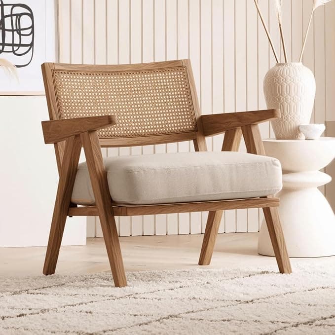 Kingsman Furnitures ABEL Rattan Teak Wood Accent Arm Chair for Home Bedroom, Living, Dining, Drawing Room | Ultra Soft and Comfortable for Stress Free | Removable Cushion (Natural)
