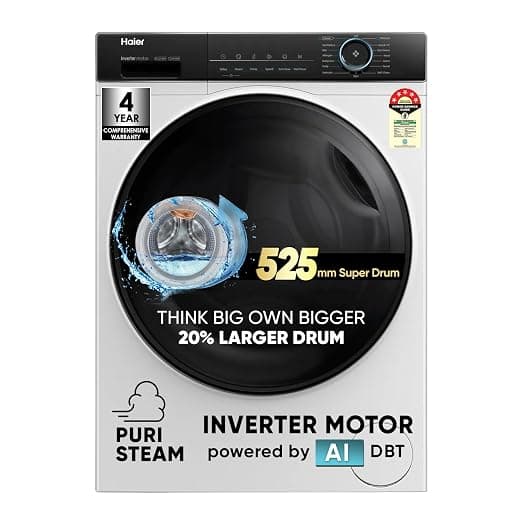 Haier 8 kg 5 Star Powered by AI-DBT with PuriSteam, 525mm Super Drum, Inverter Motor with In-Built Heater Fully Automatic Front Load Washer (HW80-IM12929C | White)