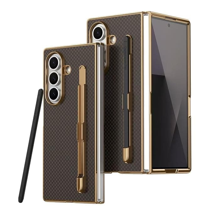 Samsung Fold 7 CarbonGold S-Pen Case Brown | Compatible with Samsung Galaxy Fold 7 Carbon Check Texture Phone Cover with Built-in S Pen Holder | Shockproof Protective Back Cover