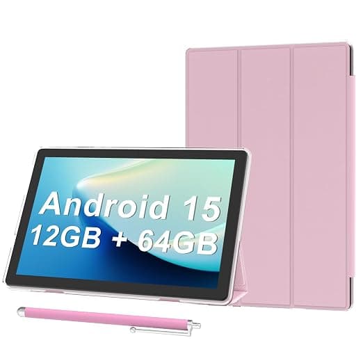 Android 15 Tablet 10 inch with Case, Pink 10GB RAM + 64GB ROM (Expand to 1TB), Quad Core Processor, 5G WiFi 6, 1280x800 HD Screen, 6000mAh, Dual Camera