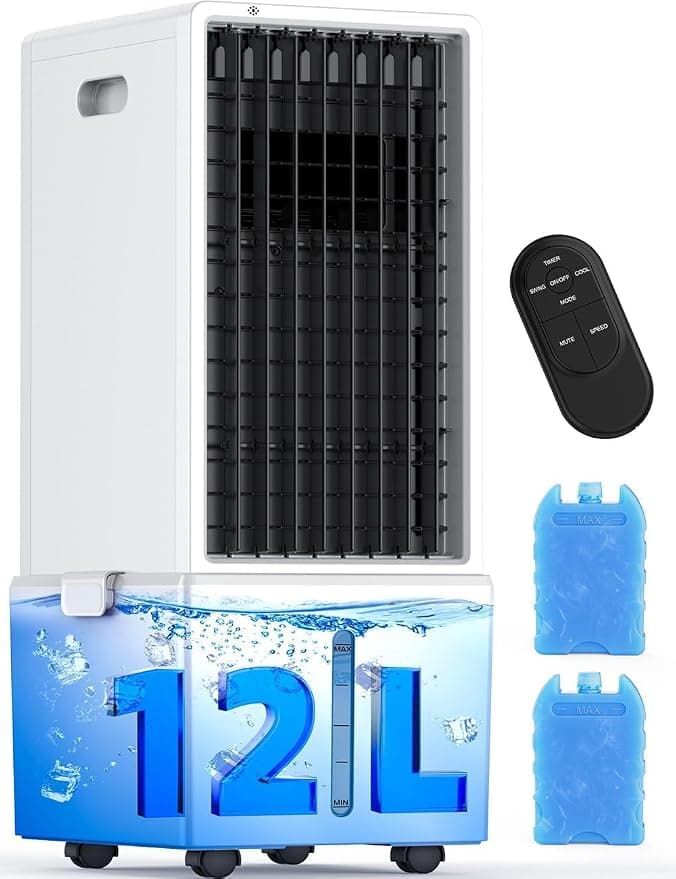 HIFRESH Air Cooler for Room Cooling, 31Ft Air Throw, 4 Modes & 4 Speeds, Remote & Touch, 12H Timer, 12L Tank for 24H Cooling, Waterless Alert, 2 Ice Packs, Low Power Consumption Tower Cooler for Home